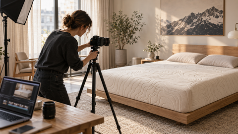 Fotografin bei Produktaufnahmen einer Matratze in einem hellen Schlafzimmer
