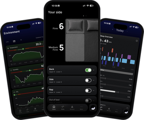Drei Screens der NoxBlanc App: Umgebungswerte, Härteeinstellung pro Bettseite und Schlafübersicht