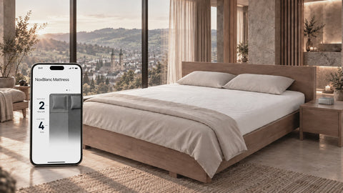 Schlafzimmer mit NoxBlanc Matratze und Smartphone mit der NoxBlanc App