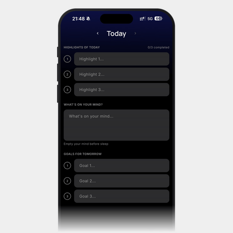 Animation NoxBlanc App: Tageshighlights, Gedanken und Ziele für morgen eintragen