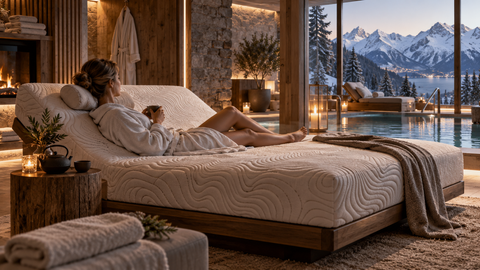 Gast entspannt im Spa-Ruhebereich auf einer Matratze mit Blick auf verschneite Berge